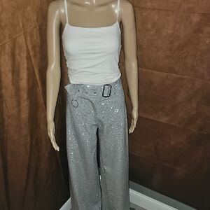 Sparkling Wide-Leg Sequin Pants - Silver